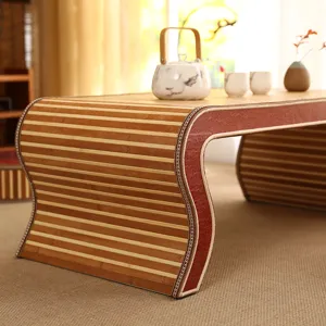 Bamboo rattan tatami tea table detail, natural woven low coffee table for balcony bay window.