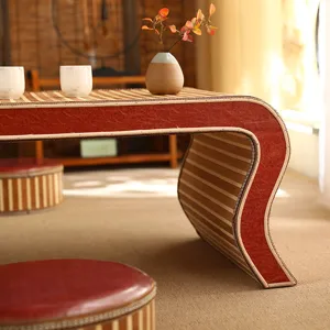 Handcrafted rattan tatami tea table set for balcony, bay window, and cozy home tea room.