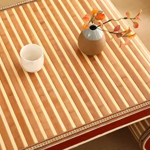 Close-up detail of natural bamboo tatami tea table mat, pastoral style balcony tea decoration.