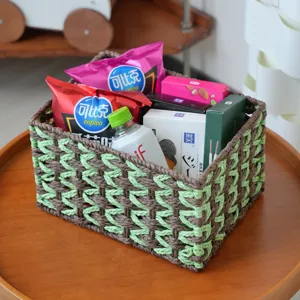 Handmade woven storage basket, durable desktop organizer for keys and cosmetics details.