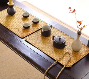 Natural straw braided placemat heat insulation pad vintage tea cup mat rustic table decor set.
