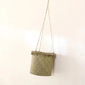 Handmade woven hanging basket planter detailed view for indoor balcony decoration