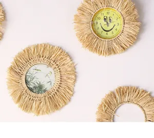 Forest style straw woven wall hanging clock and mirror set home decor rustic art piece