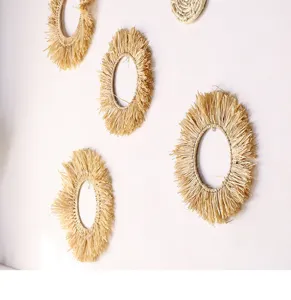 Natural straw woven wall hanging decor, handmade fringe ring pendant for home room decoration.