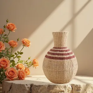 Handmade straw woven vase, water hyacinth boho floral container, rustic desktop decor.