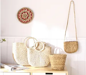 Handmade straw woven handbag natural seagrass tote bag casual woven shoulder storage basket