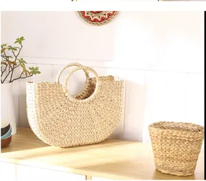 Handmade cattail woven shopping storage basket natural straw handbag sundries organizer