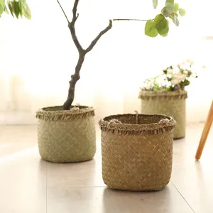 Handwoven straw storage basket detail view, perfect for indoor plants and home decor.