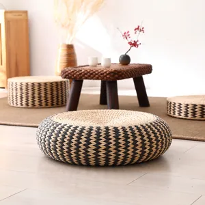 Handmade natural straw tatami floor cushion, thick woven round meditation pouffe for home.