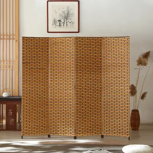 Chinese minimalist 4-panel folding screen, double-sided woven room divider for home decor.