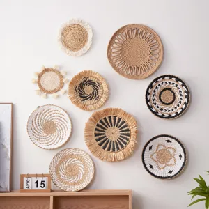 Bohemian Woven Wall Hanging Decor Round Grass Tapestry Tassel Fringe Wall Art Boho Home Decor Living Room Hallway Ornament