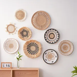 Boho woven wall hanging baskets natural cattail round boho room decor wall art set