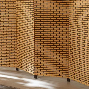 Folding room divider screen with classic brick pattern, portable dual-sided wooden home decor.
