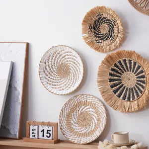 Bohemian woven wall hanging decor round straw fringe basket for home decor boho wall art display