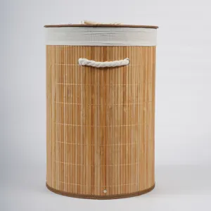 Nordic bamboo woven storage basket with fabric lining, lidded laundry hamper for home organization.