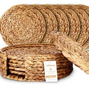 Natural woven placemat set with round storage basket, rustic table mats for dining decor.