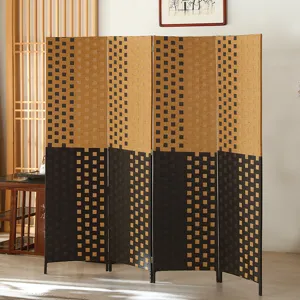 Detail view of a Chinese style folding room divider with woven panel and two-tone design.