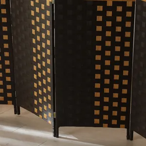 Foldable woven room divider screen, modern black and wood tone double-sided folding partition.