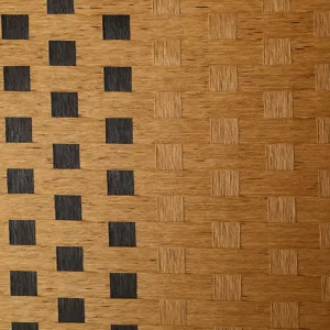 Close-up detail view of Chinese style wooden woven screen texture with elegant color blocking.