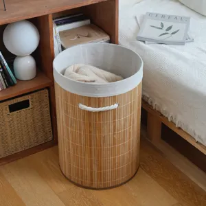 Nordic bamboo woven laundry basket for bedroom and living room storage, natural style.