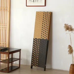 Foldable wooden room divider detail, elegant Chinese style woven folding screen for home decor.