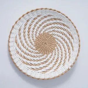 Round woven wall hanging boho straw decor natural handmade rustic home accent basket tray