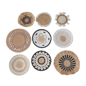 Bohemian woven wall hanging basket set, natural seagrass round flat decorative placemat art.