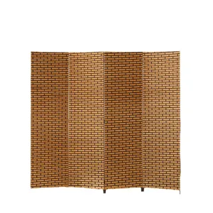 Four-panel folding screen with brick pattern design, modern mobile room divider for home.