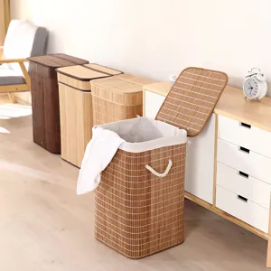 Foldable bamboo laundry hamper storage basket with lid and fabric liner for home organization.