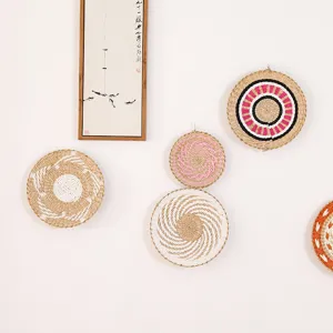 Handmade woven wall hanging basket set minimalist straw rattan round decor for living room