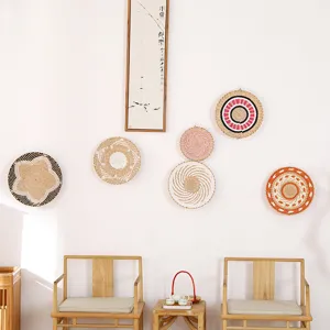 Japanese minimalist woven wall decor baskets, creative hanging ornaments for living room home.