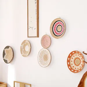 Minimalist woven wall basket decor set, natural rattan hanging ornaments for living room home.