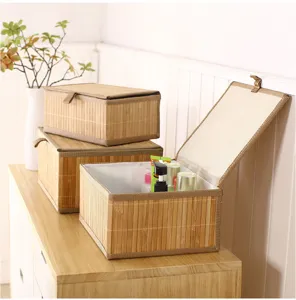 Caja de almacenamiento de bambu con tapa y forro de tela para organizar ropa juguetes