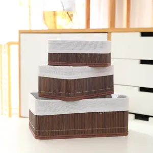 Set Cesto Portaoggetti in Tessuto di Bambù Rettangolare Organizer da Scrivania con Fodera in Tessuto per Casa Ufficio