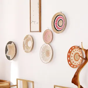 Handmade woven wall hanging baskets decorative plates set natural straw minimalist home art decor