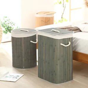 Panier a linge en bambou avec couvercle et doublure en lin, corbeille de rangement.