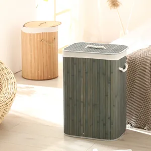 Panier à linge en bambou rectangulaire vert foncé avec couvercle et poignées pour rangement.