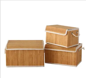 Juego de 3 cajas de almacenamiento de bambú con tapa y borde de tela para el hogar.