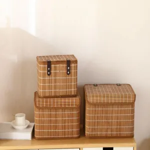 Cesta de almacenamiento de bambú detalle, caja organizadora de escritorio para ropa y juguetes.