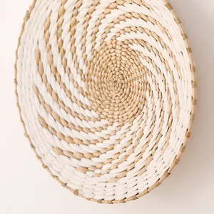 Minimalist woven wall decor detail view, perfect for living room aesthetic home interior hanging.