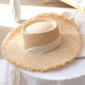 Handmade straw sun hat, empty top wide brim beach cap for summer outdoor travel fashion.
