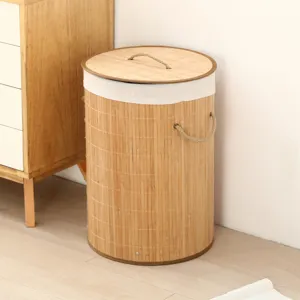 Panier a linge cylindrique en bambou avec couvercle et bande en lin de coton pour le rangement
