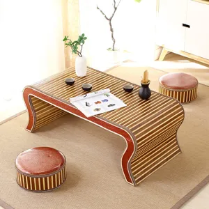 Traditional bamboo tatami tea table set with two round stools for study, home and tea ceremony.
