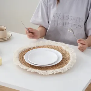Handmade Woven Round Placemat Natural Water Hyacinth Table Mat With Tassel Edge Heat Resistant For Dining Kitchen