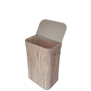 Foldable bamboo laundry basket with lid and fabric lining, large capacity dirty clothes hamper.