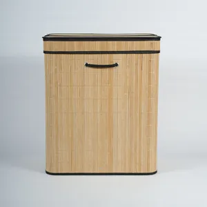 Foldable bamboo storage hamper and laundry basket for bedroom and living room organization.