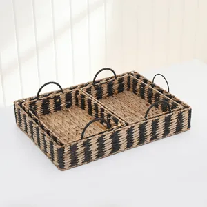 Handmade woven straw storage basket desktop organizer with handles for home organization