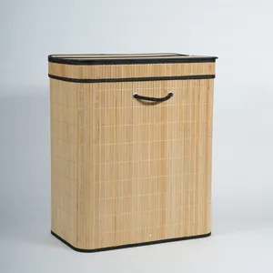 Detailed view of bamboo woven laundry basket, foldable design with lid and durable handle.