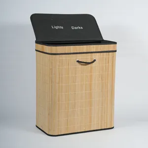 Bamboo laundry hamper with divider lid, collapsible wicker storage basket for clothes.