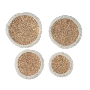 Handmade woven round placemats set water hyacinth straw coasters with fringe for table decor